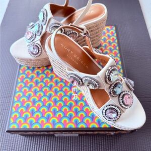 Kurt Geiger White Wedge Sandals with Jewel Accents